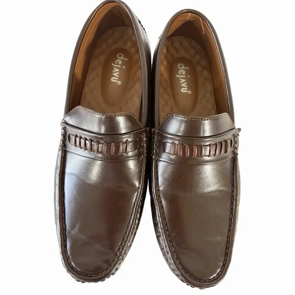 Dejavu Mens US 10.5 Brown Faux Leather Slip On Loafer Round Toe Woven